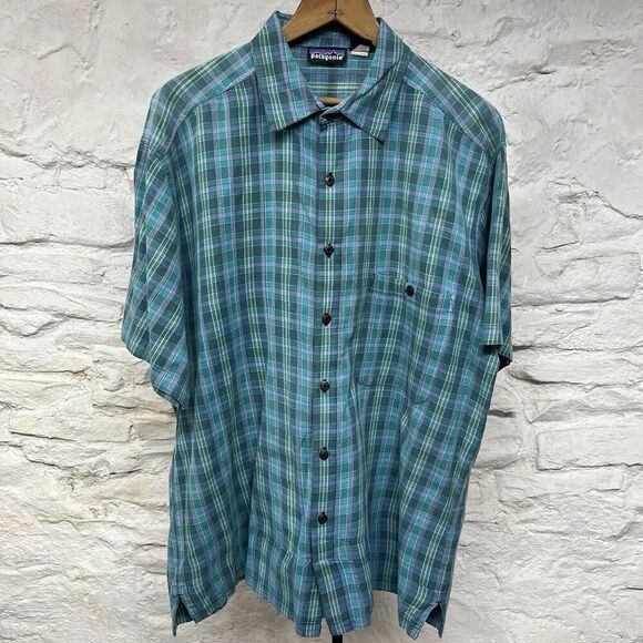 y2k Patagonia 100% Cotton Shirt Men’s Large Plaid Button Up Short Sleeve - Picture 1 of 8